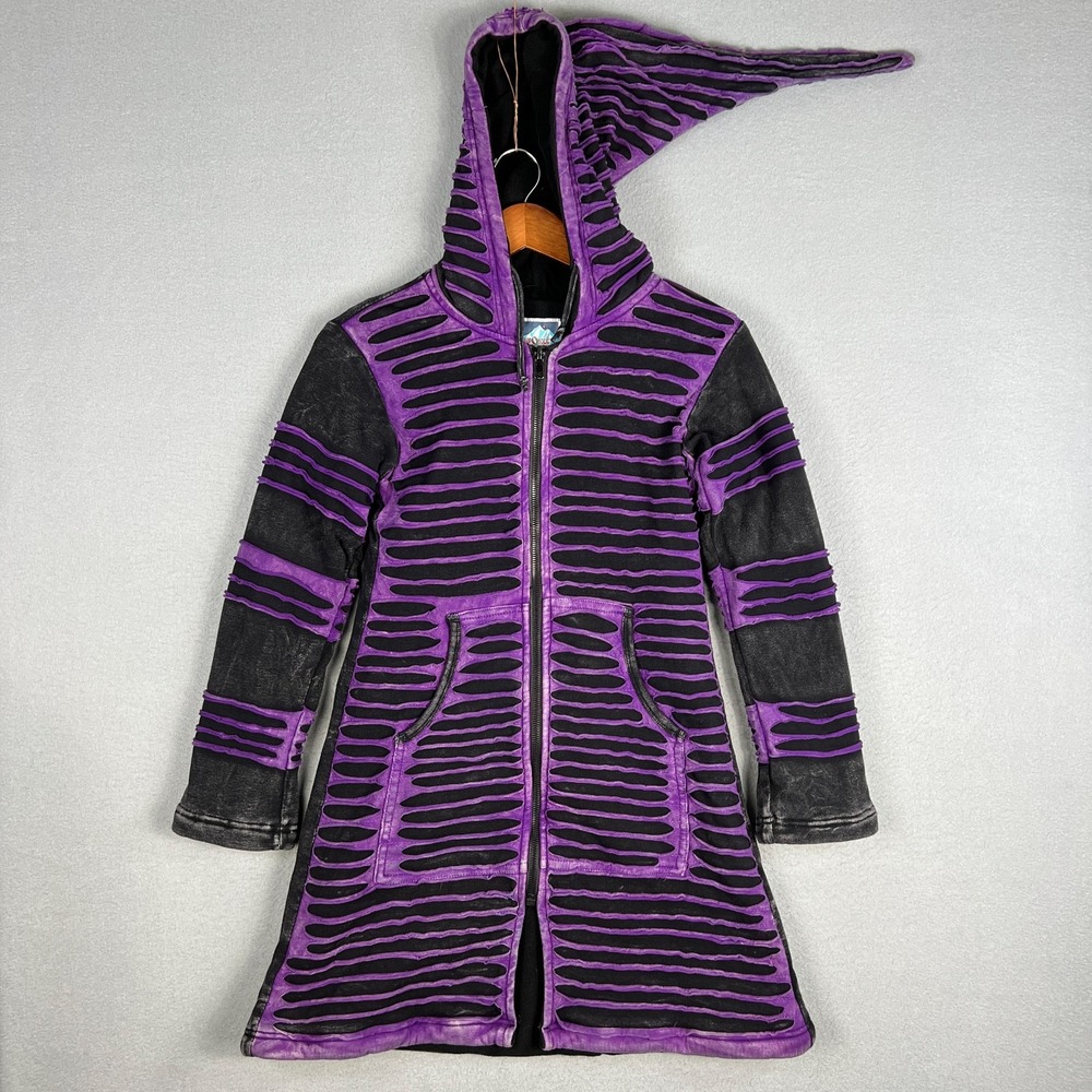 Goth Pixie Hood Jacket Fits S/XS Purple Black Longline Fairy Grunge Razor Cut